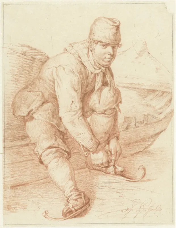 Zittende jongen bindt zijn schaatsen om Wall Art by François Joseph Pfeiffer (II) - High-Resolution Digital Print