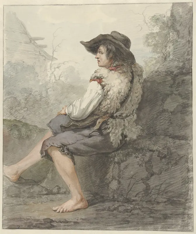 Zittende jongen met hoed en schapenvacht, naar links Wall Art by Jacob van Strij - High-Resolution Digital Print
