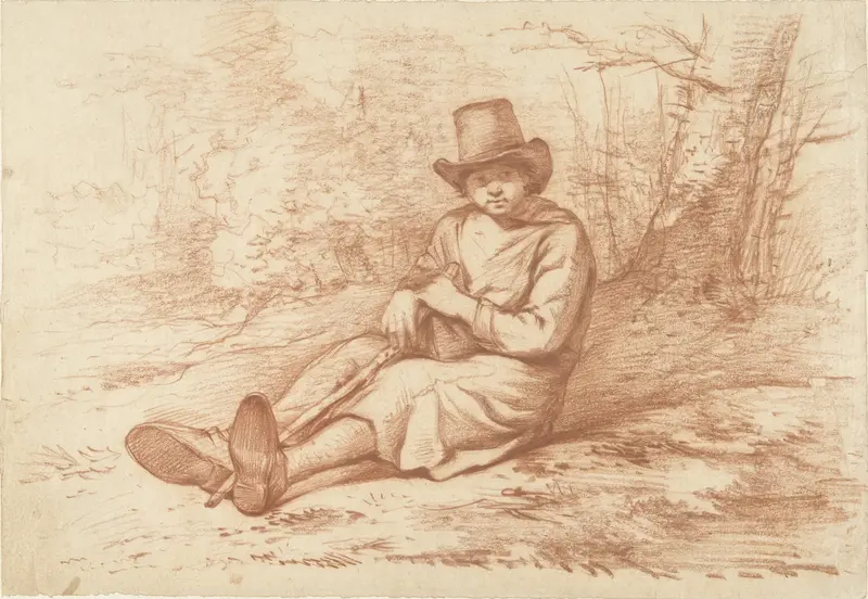 Zittende jongen met hoed en stok, bij een boom Wall Art by Abraham Johannes Ruytenschildt - High-Resolution Digital Print