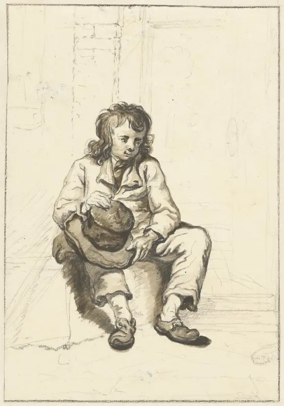 Zittende jongen met hoed op schoot bij een deuropening Wall Art by Abraham van Strij (I) - High-Resolution Digital Print