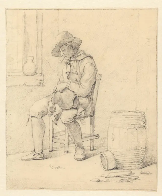 Zittende jongen schenkt uit een kruik Wall Art by anonymous - High-Resolution Digital Print