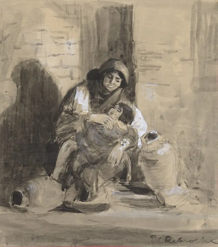 Zittende Joodse vrouw uit Gaza, met haar kind en twee grote kruiken Wall Art by Paul Delaroche - High-Resolution Digital Print