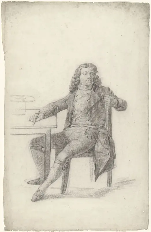 Zittende man aan tafel met stift in rechterhand, omziende Wall Art by anonymous - High-Resolution Digital Print