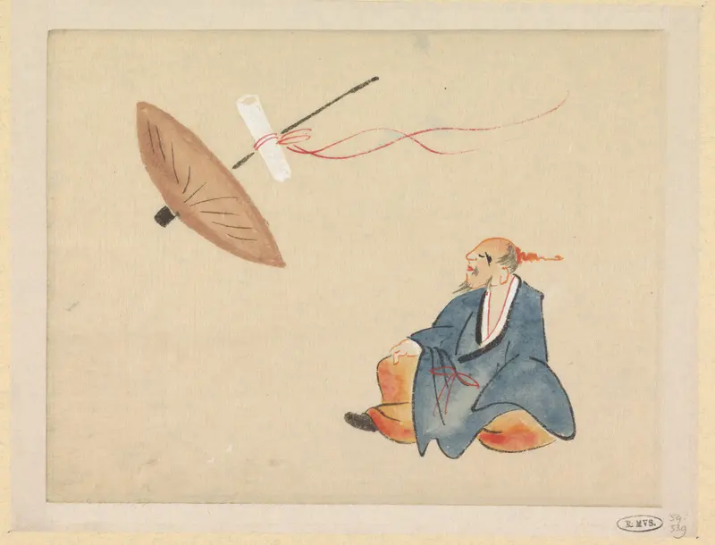 Zittende man bij wegvliegende parasol met brief Wall Art by anonymous - High-Resolution Digital Print