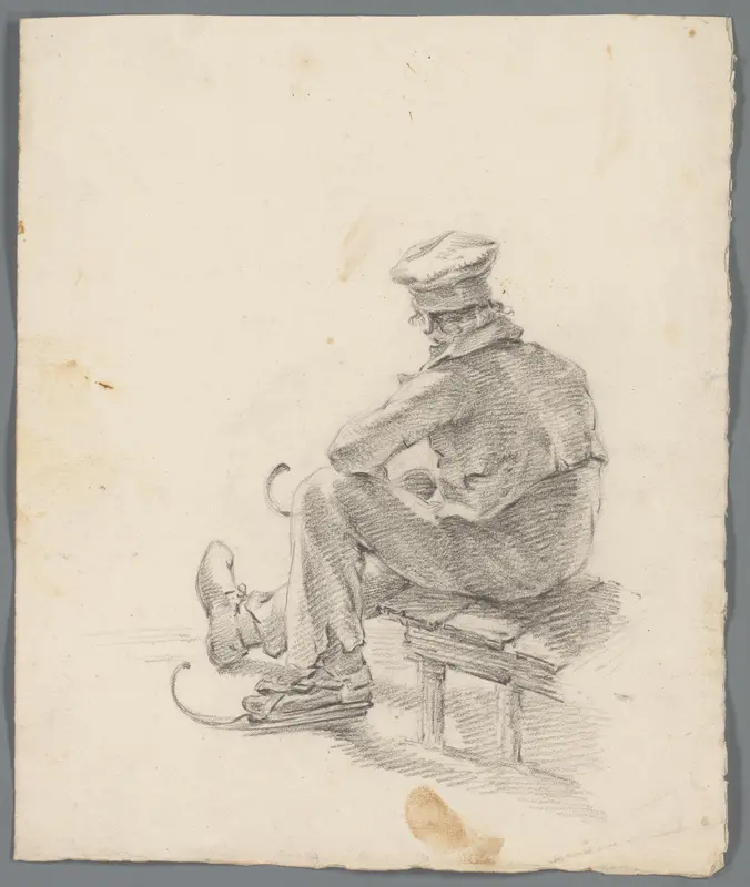 Zittende man die schaatsen onderbindt Wall Art by anonymous - High-Resolution Digital Print