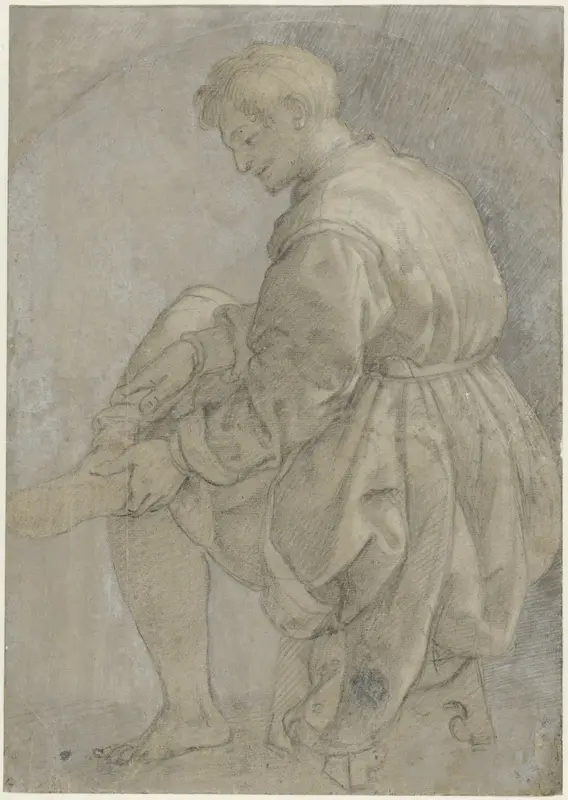 Zittende man die zijn kous aantrekt Wall Art by Alessandro Allori - High-Resolution Digital Print