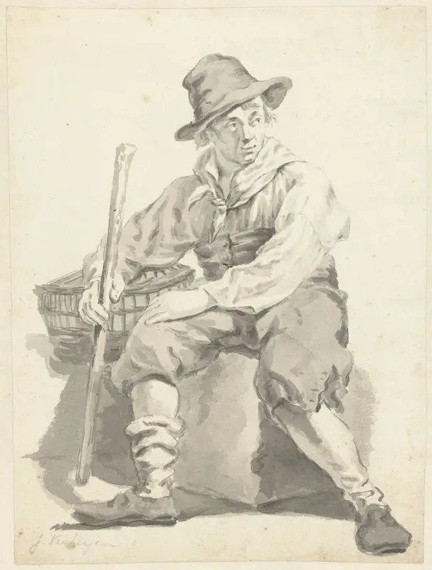 Zittende man met hoed, een stok in de hand en een mand Wall Art by Jan Hendrik Verheijen - High-Resolution Digital Print