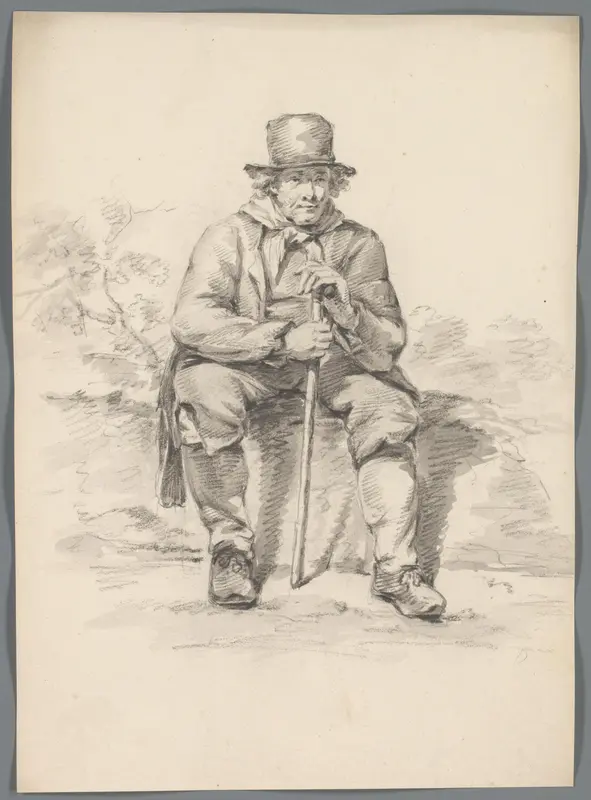 Zittende man met wandelstok Wall Art by anonymous - High-Resolution Digital Print