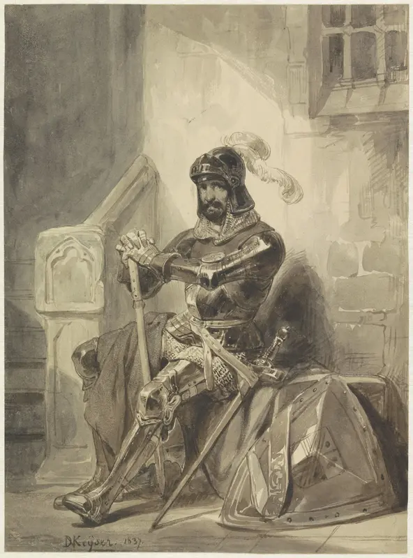 Zittende middeleeuwse ridder in harnas Wall Art by Nicaise De Keyser - High-Resolution Digital Print