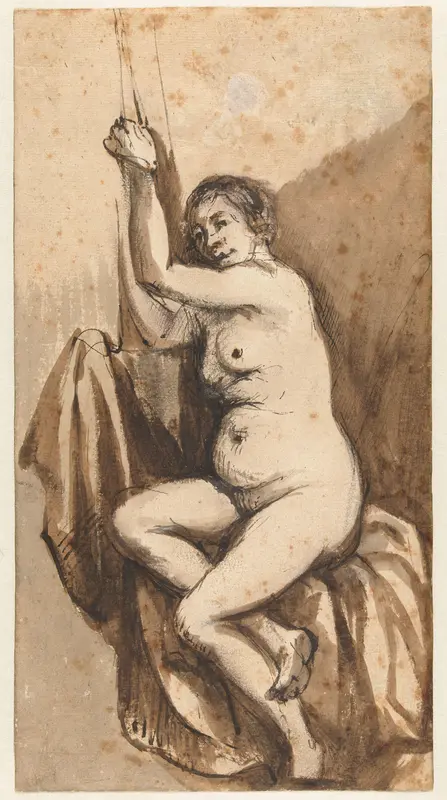 Zittende naakte vrouw met opgeheven armen Wall Art by Unknown - High-Resolution Digital Print
