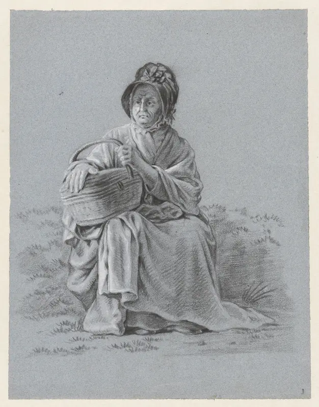 Zittende oude vrouw met een mand Wall Art by Pieter Bartholomeusz. Barbiers - High-Resolution Digital Print