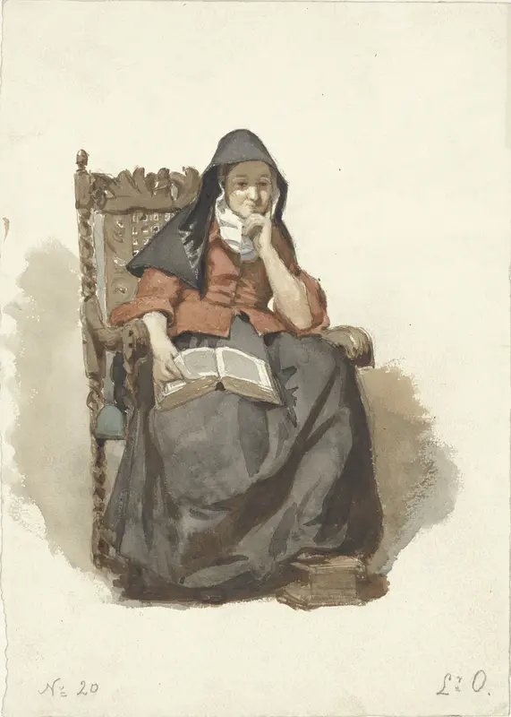 Zittende peinzende vrouw met boek Wall Art by Unknown - High-Resolution Digital Print