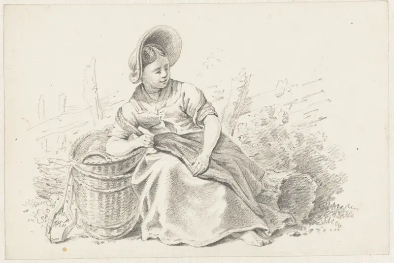 Zittende, rustende vrouw met een mand Wall Art by Pieter Bartholomeusz. Barbiers - High-Resolution Digital Print