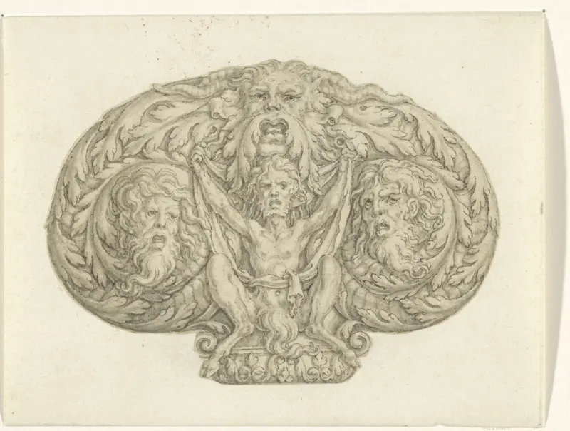 Zittende sater tussen drie koppen en bladmotieven Wall Art by Heinrich Aldegrever - High-Resolution Digital Print