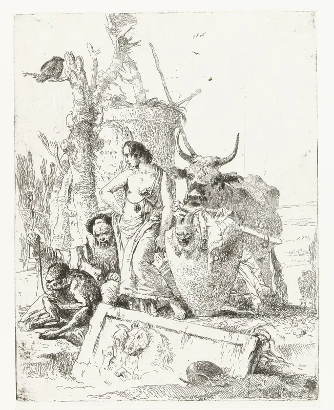 Zittende tovenaar met aap aan touw en staande figuur naast koe Wall Art by Unknown - High-Resolution Digital Print