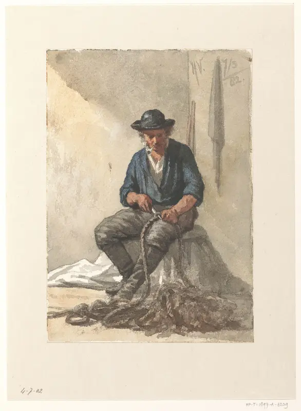 Zittende visser werkend aan een touw Wall Art by Unknown - High-Resolution Digital Print