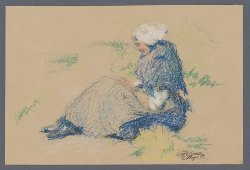 Zittende vissersvrouw in de duinen Wall Art by Unknown - High-Resolution Digital Print