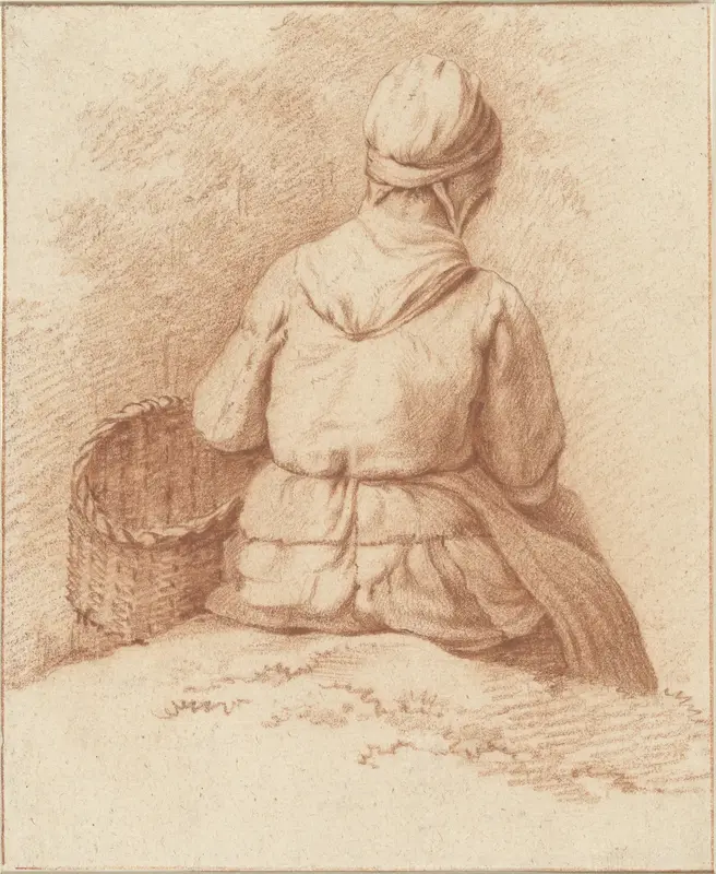 Zittende vissersvrouw met een mand aan de arm, op de rug gezien Wall Art by Unknown - High-Resolution Digital Print
