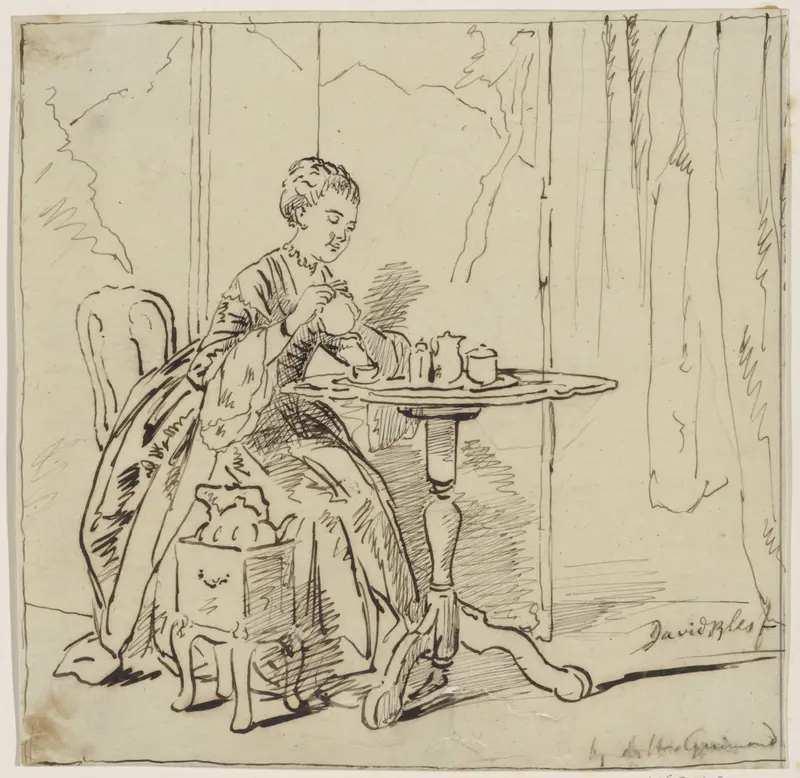 Zittende vrouw aan de thee Wall Art by Unknown - High-Resolution Digital Print