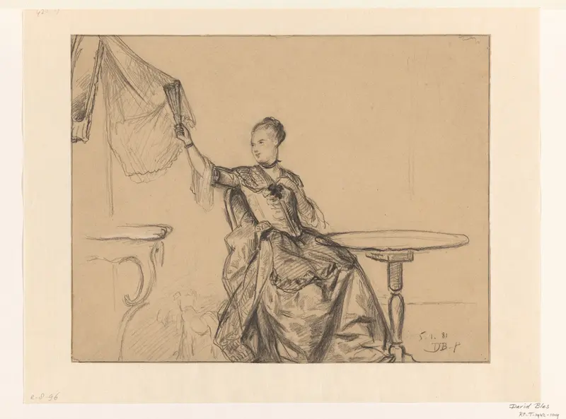 Zittende vrouw aan ronde tafel tilt met waaier gordijn op Wall Art by David Bles - High-Resolution Digital Print