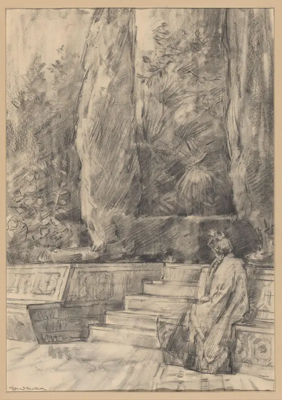 Zittende vrouw bij de ingang van de tuinen van het Koninklijk Paleis te Sevilla Wall Art by Unknown - High-Resolution Digital Print