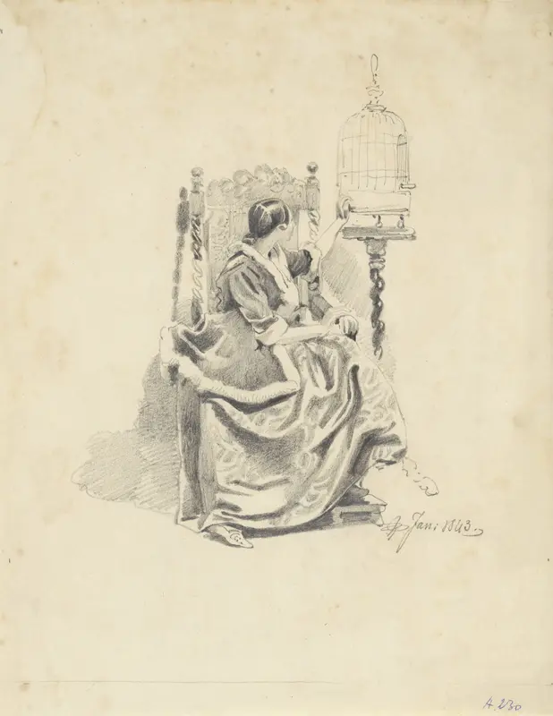 Zittende vrouw bij een papegaai en kooi Wall Art by Pieter van Loon - High-Resolution Digital Print