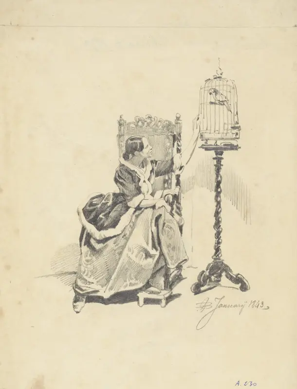 Zittende vrouw bij een papegaai in een kooi Wall Art by Pieter van Loon - High-Resolution Digital Print