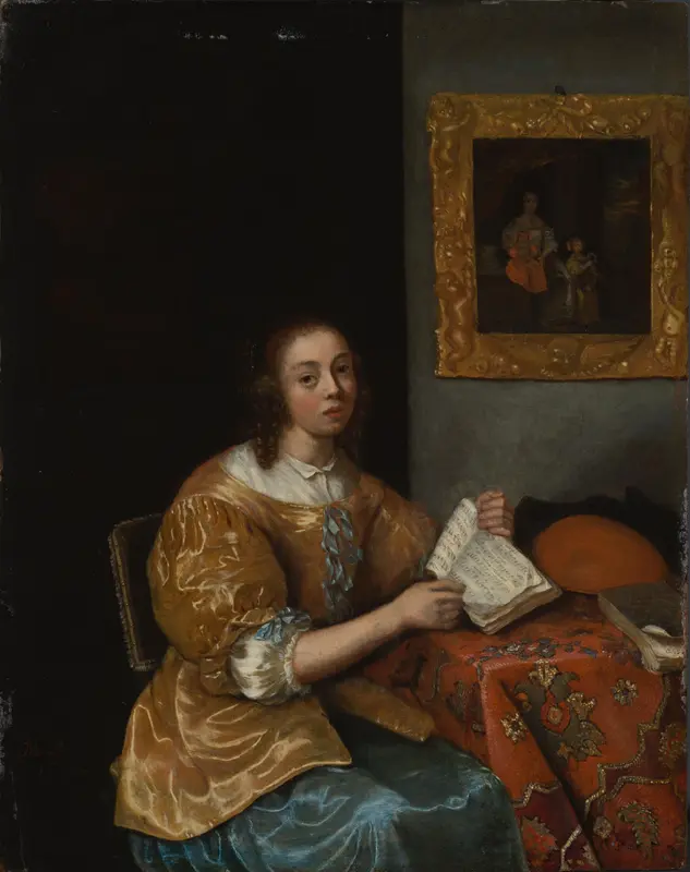 Zittende vrouw in het geel met bladmuziek in de hand, naast haar een luit op de tafel Wall Art by Unknown - High-Resolution Digital Print
