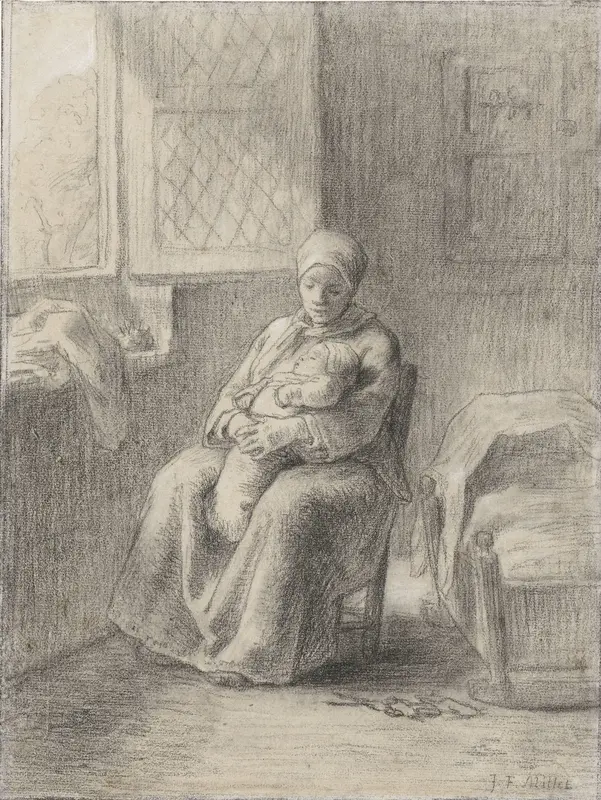 Zittende vrouw met baby bij een open raam Wall Art by Jean François Millet - High-Resolution Digital Print