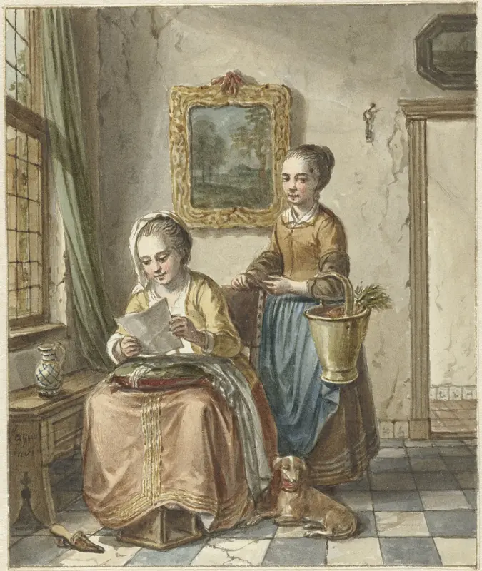 Zittende vrouw met dienstmeid, een brief lezend Wall Art by Willem Joseph Laquy - High-Resolution Digital Print