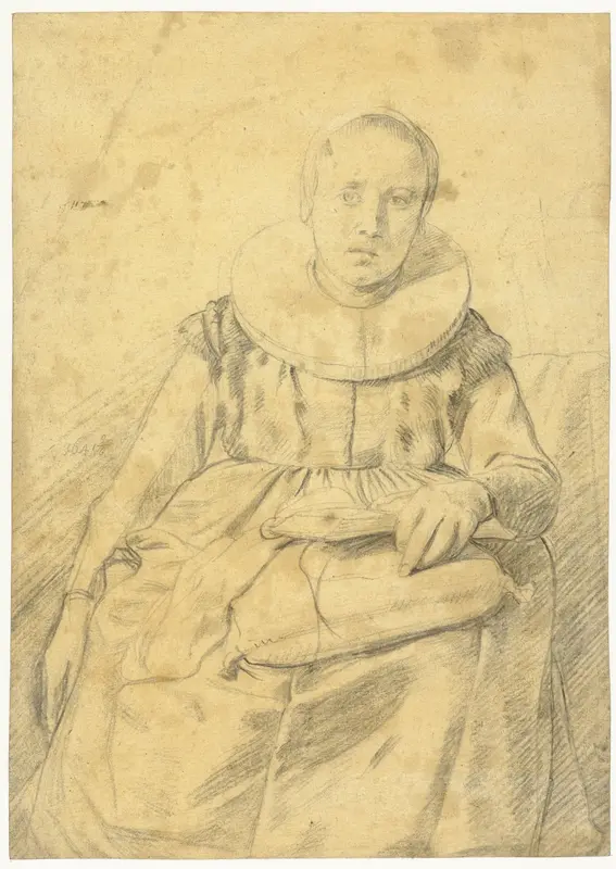 Zittende vrouw met een kussen en een boek op haar schoot Wall Art by Salomon de Bray - High-Resolution Digital Print