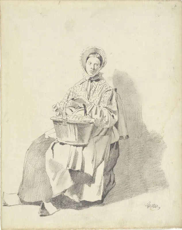 Zittende vrouw met een mand op schoot Wall Art by Pieter van Loon - High-Resolution Digital Print