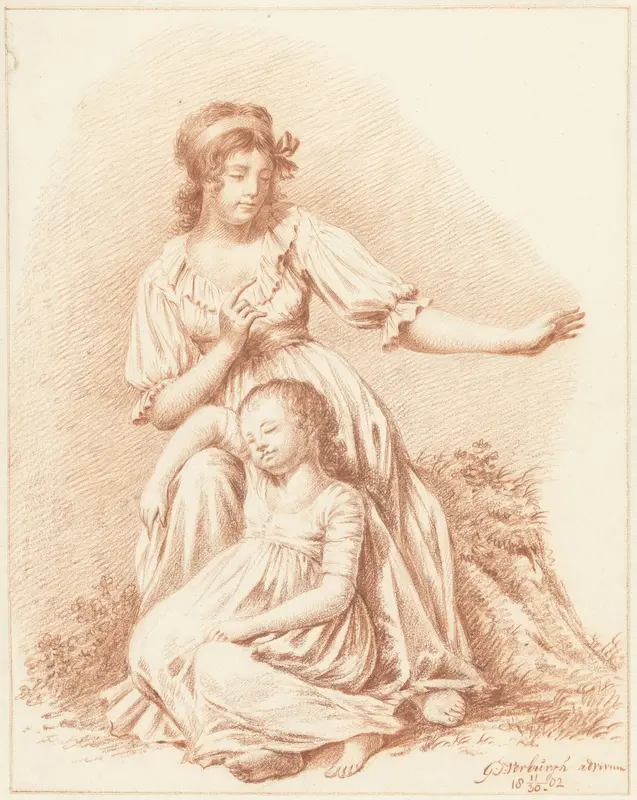 Zittende vrouw met een slapend meisje aan haar knieën Wall Art by Gerardus Johannes Verburgh - High-Resolution Digital Print