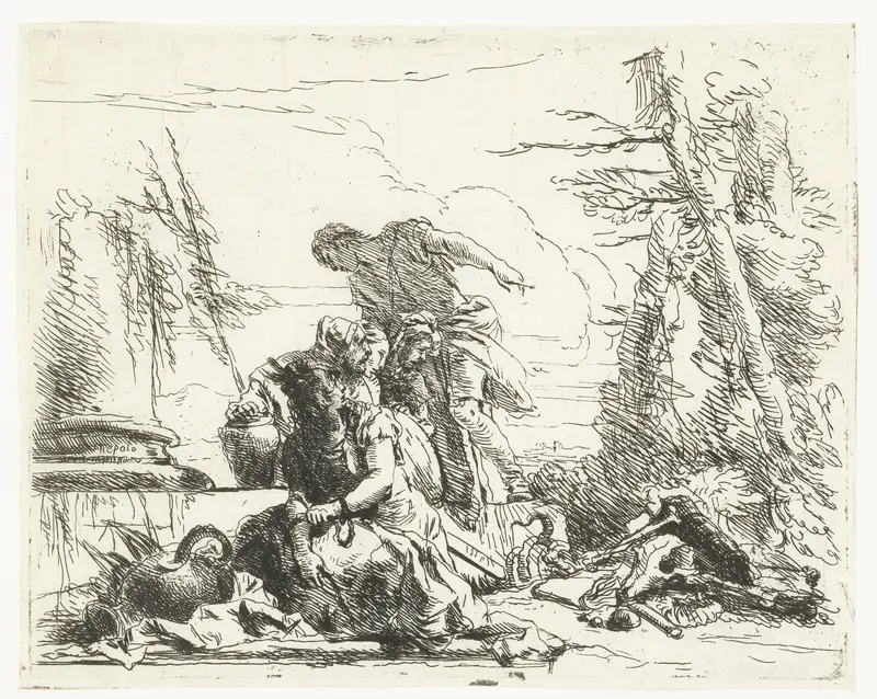 Zittende vrouw met geketende armen en vier andere figuren Wall Art by Unknown - High-Resolution Digital Print