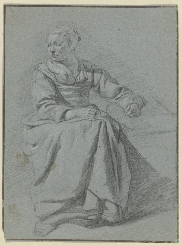 Zittende vrouw met haar hoofd naar rechts gewend / verso: Schets van een man met een hoed Wall Art by Unknown - High-Resolution Digital Print