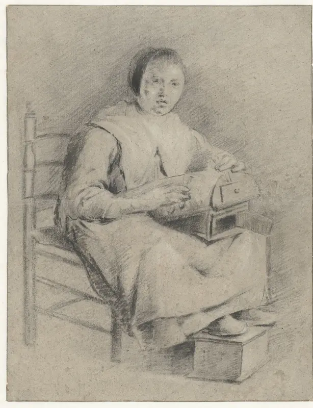Zittende vrouw met kloskussen op schoot Wall Art by Quiringh Gerritsz. van Brekelenkam - High-Resolution Digital Print