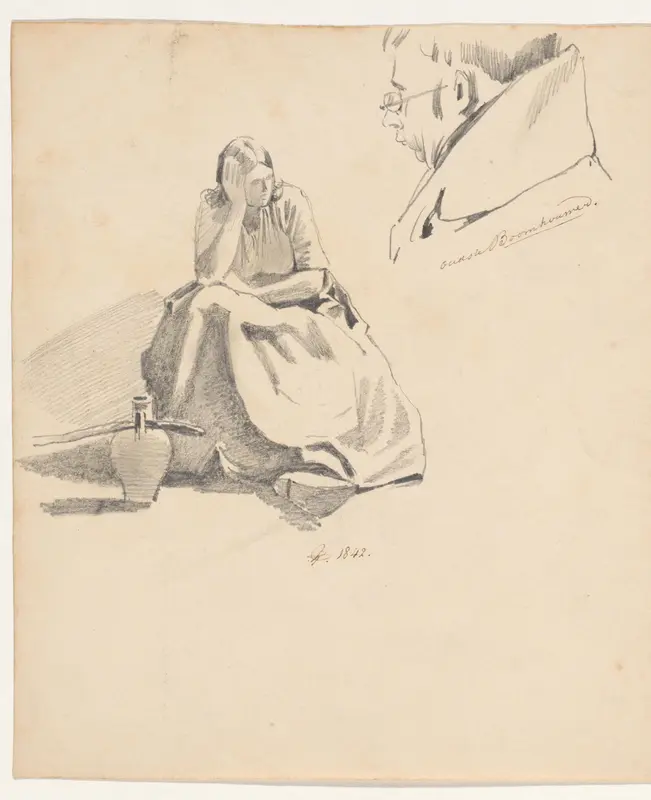 Zittende vrouw met kruik en portretstudie oudste Boomhouwer Wall Art by Pieter van Loon - High-Resolution Digital Print