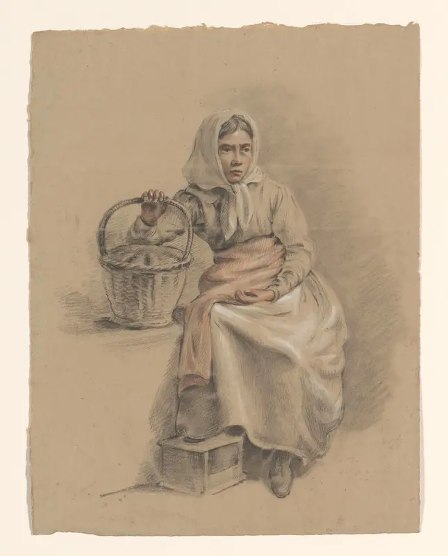 Zittende vrouw met mand, de voet op een stoof Wall Art by Alexander Cranendoncq - High-Resolution Digital Print