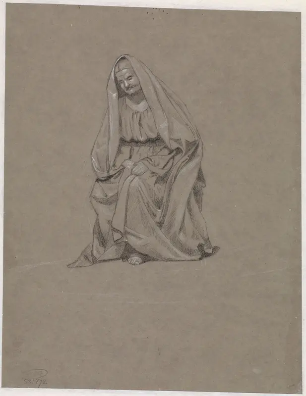 Zittende vrouw met mantel over hoofd Wall Art by Johan Hendrik Koelman - High-Resolution Digital Print