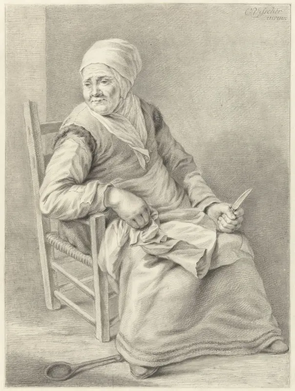 Zittende vrouw met mes Wall Art by Abraham Delfos - High-Resolution Digital Print