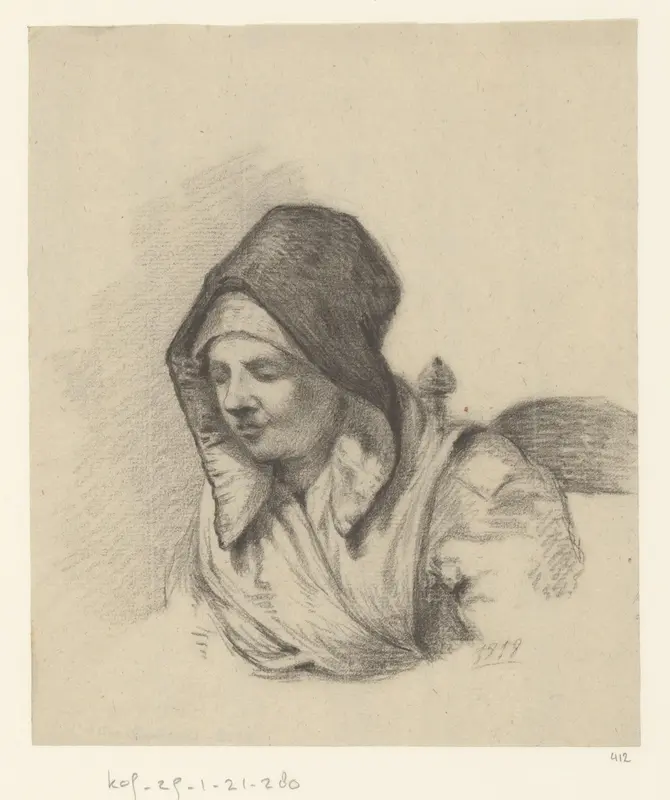 Zittende vrouw met neergeslagen ogen zit op een stoel Wall Art by Unknown - High-Resolution Digital Print