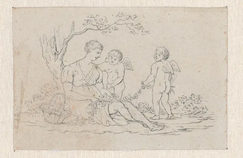 Zittende vrouw met twee putti met bloemenguirlande Wall Art by Pieter de Goeje - High-Resolution Digital Print