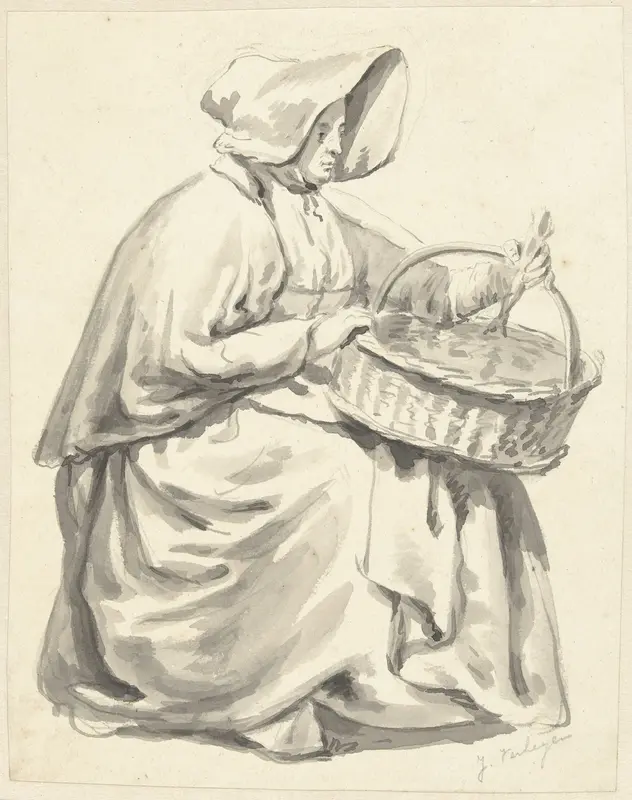 Zittende vrouw met wijde kap en een mand op schoot, naar rechts Wall Art by Jan Hendrik Verheijen - High-Resolution Digital Print