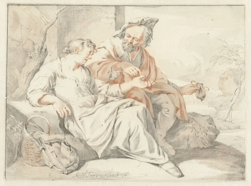 Zittende vrouw neemt geld aan van een man Wall Art by Jacob Toorenvliet - High-Resolution Digital Print
