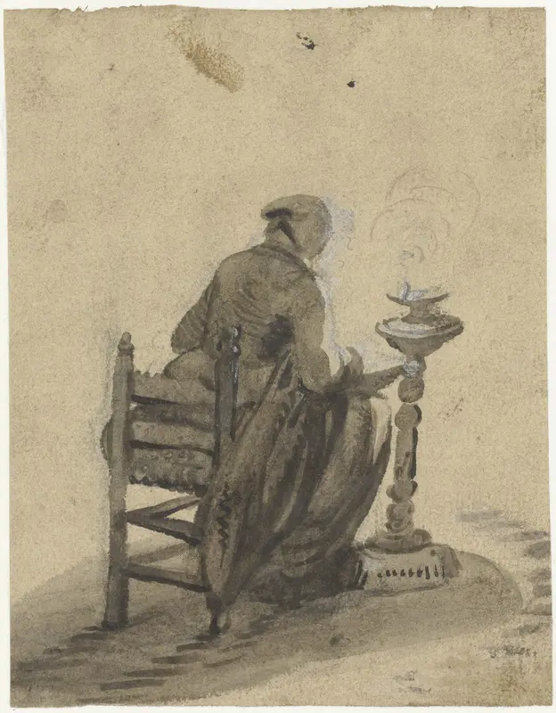 Zittende vrouw, van achteren, werkend bij een olielamp Wall Art by Harmen ter Borch - High-Resolution Digital Print