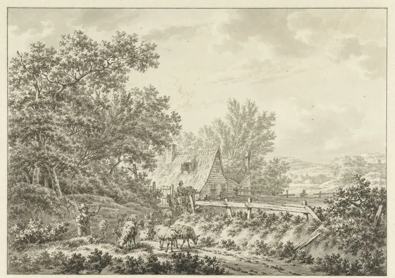 Zomerlandschap met schapenherder bij boerderij Wall Art by Jacob Cats (1741-1799) - High-Resolution Digital Print