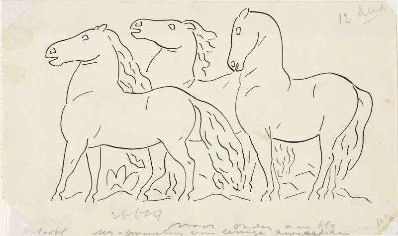 Zonder titel Drie paarden, staand naar links kijkend, vignet voor biografie van Gestel door Prof. W. van der Pluym Wall Art by Leo Gestel - High-Resolution Digital Print