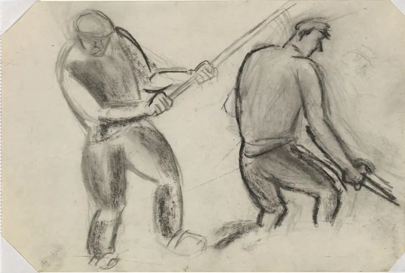 Zonder titel Schets van twee boeren aan het werk Wall Art by Leo Gestel - High-Resolution Digital Print