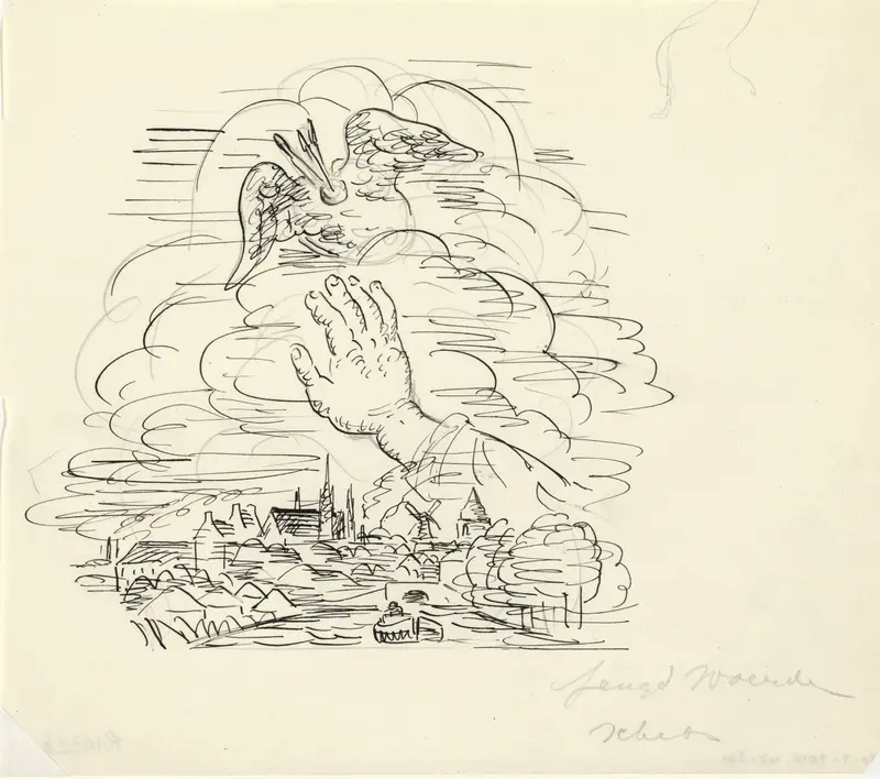 Zonder titel Schets vignet voor biografie van Gestel door Van der Pluym, gezicht op Woerden met daarboven een hand die reikt naar een gevleugeld palet Wall Art by Leo Gestel - High-Resolution Digital Print