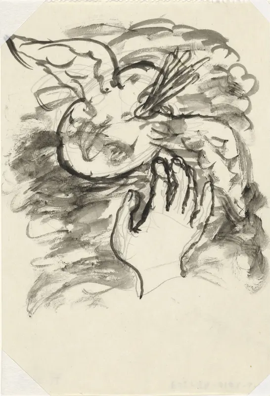 Zonder titel vignet voor biografie van Gestel door Van der Pluym, Schets van een hand die reikt naar een gevleugeld palet Wall Art by Leo Gestel - High-Resolution Digital Print